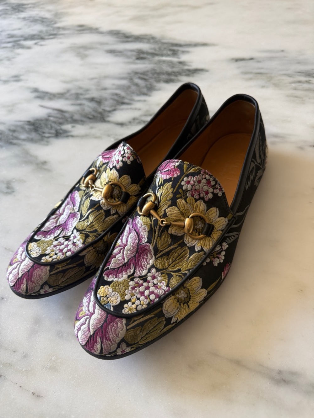 Gucci Black Loafers with Gold Horsebit and Pink Floral Embroidery